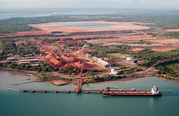 Aerial view of a port with a ship docked, showcasing infrastructure pipeline.